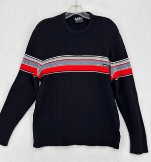 Vintage Lido Mens Black Striped Pure Wool Crew Neck Pullover Sweater Sz XL